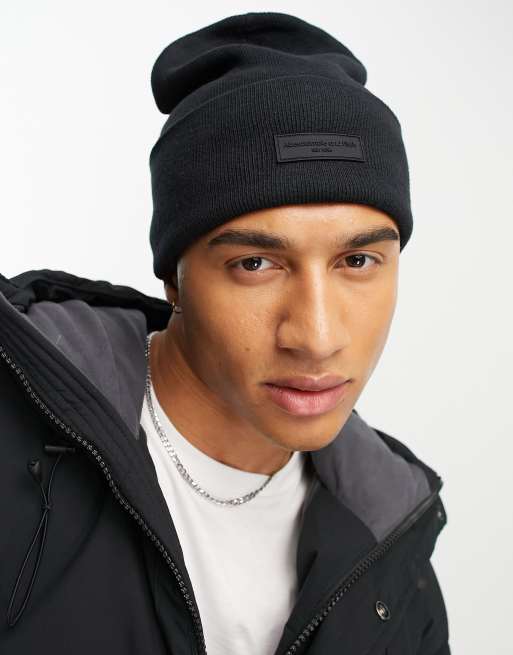 Abercrombie & Fitch logo patch tall knit beanie in black