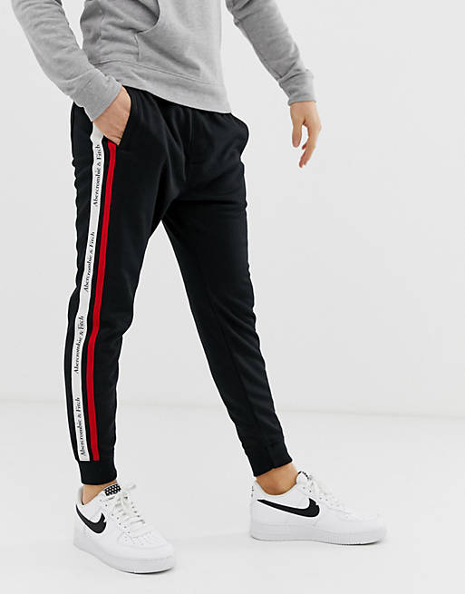 Abercrombie & Fitch logo side tape tricot cuffed joggers in black