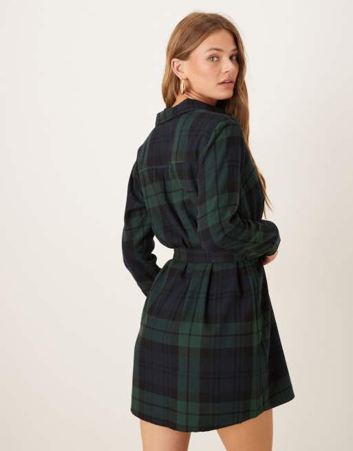 abercrombie long sleeve mini dress Abercrombie & Fitch long barrel sleeve cinched mini dress in navy check