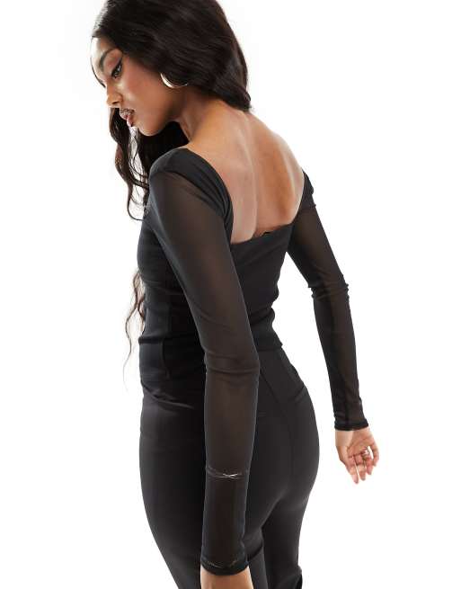 Abercrombie & Fitch long mesh sleeve top with square neckline in black, 4 of 4