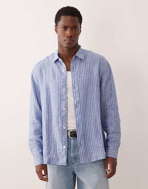 Abercrombie & Fitch long sleeve 100% linen shirt in blue stripe