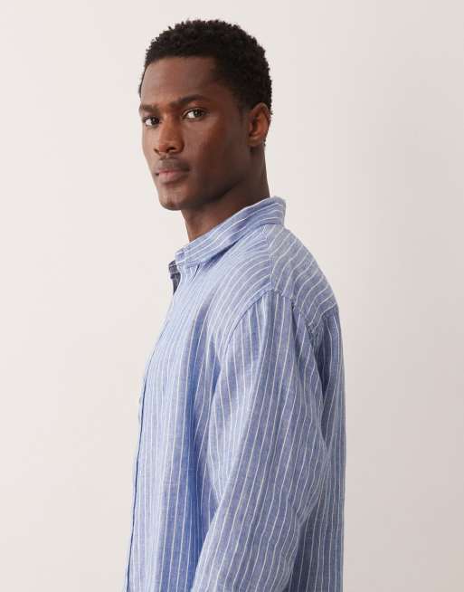 Abercrombie & Fitch long sleeve 100% linen shirt in blue stripe, 4 of 5