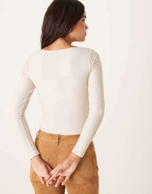Abercrombie & Fitch long sleeve bodysuit with bra insert in cream, 2 of 4