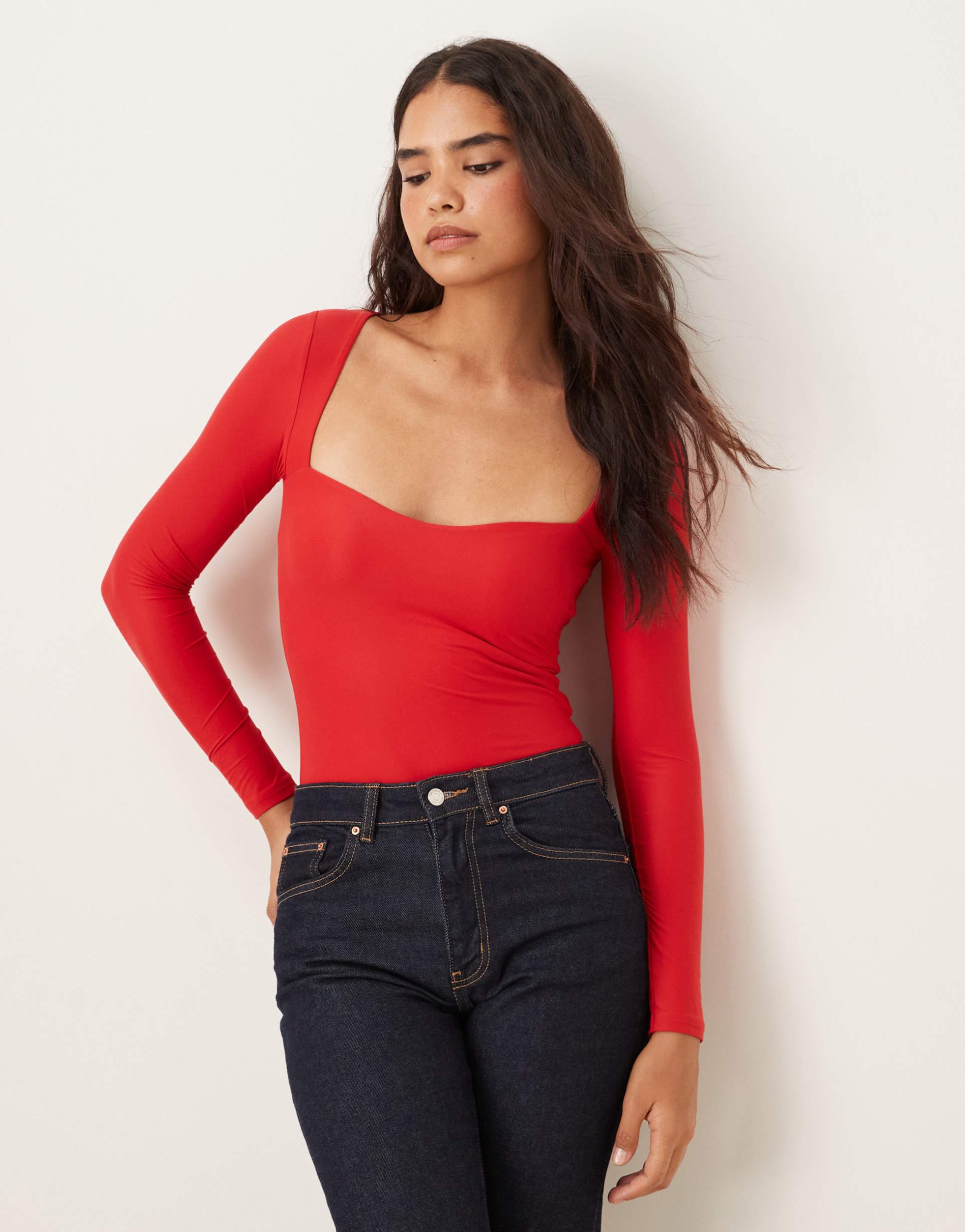 abercrombie & fitch long sleeve bodysuit with bra insert in red