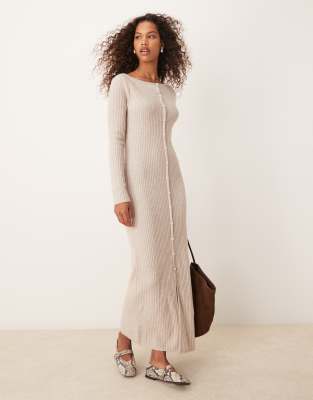 Abercrombie & Fitch Abercrombie & Fitch long sleeve button down knitted maxi dress in light beige-Neutral