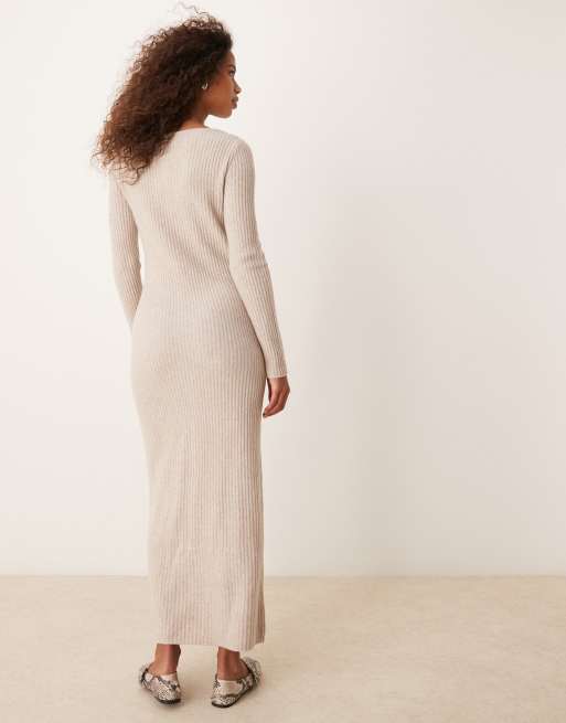 Abercrombie Fitch long sleeve button down knitted maxi dress in light beige ASOS