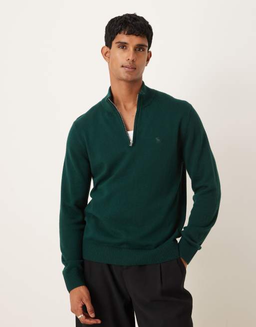 Abercrombie & Fitch long sleeve chest logo quarter zip sweater in green