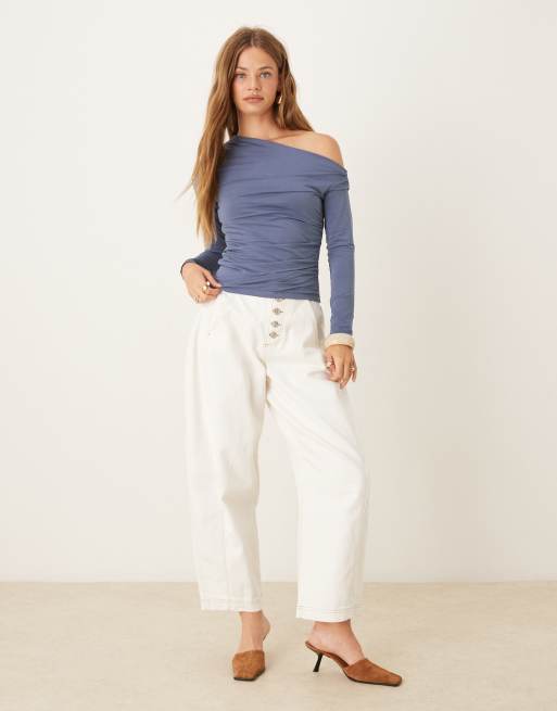 Abercrombie & Fitch long sleeve cinched off the shoulder top in purple, 2 of 4