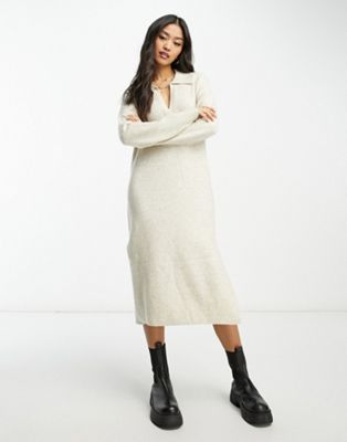 Abercrombie & Fitch long sleeve collared midi knitted dress in light grey