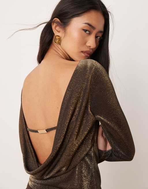 Abercrombie & Fitch long sleeve cowl back top in gold sparkle, 5 of 5