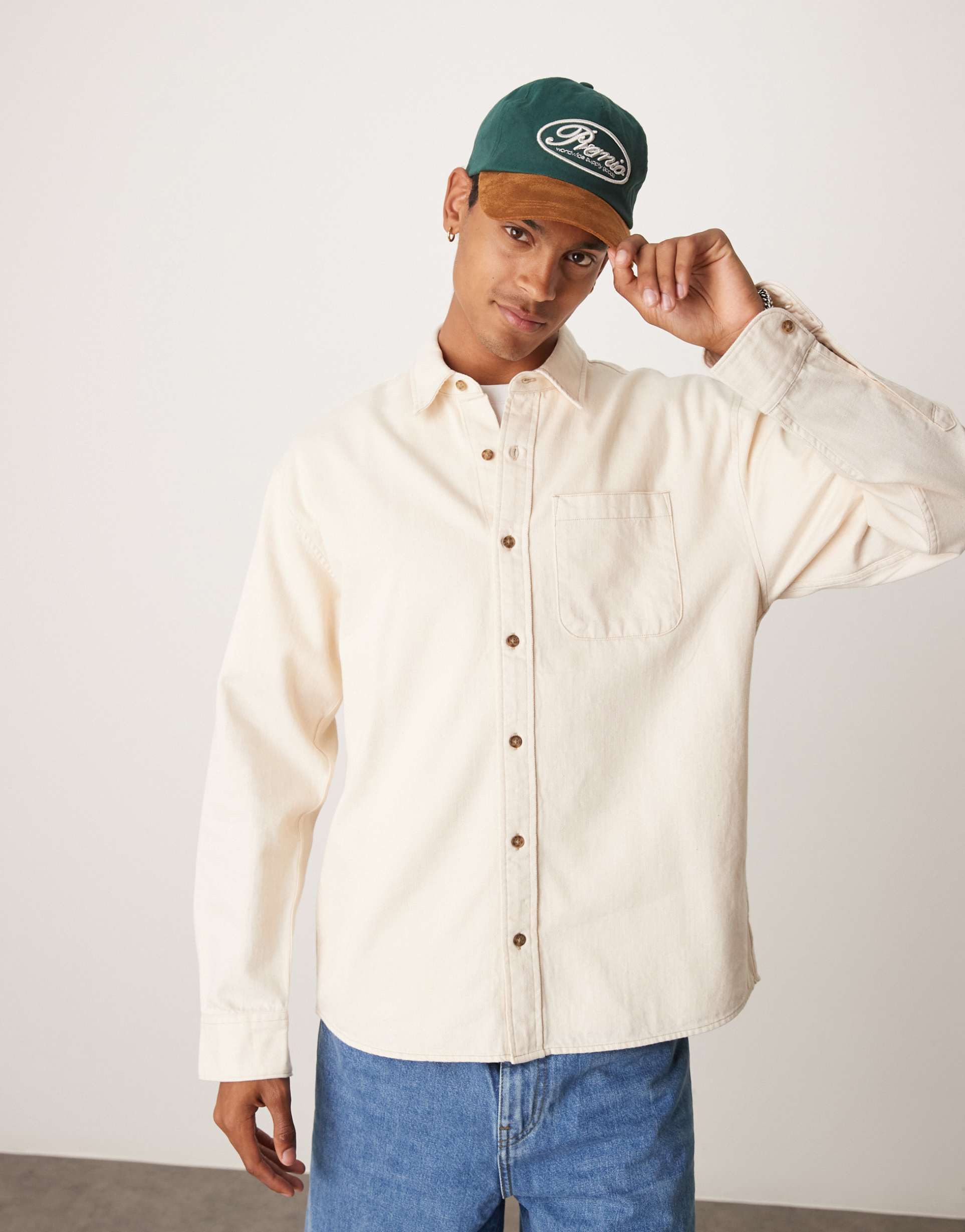 abercrombie & fitch long sleeve denim shirt in cream