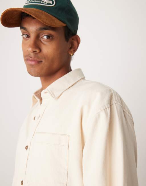 Abercrombie & Fitch long sleeve denim shirt in cream | ASOS