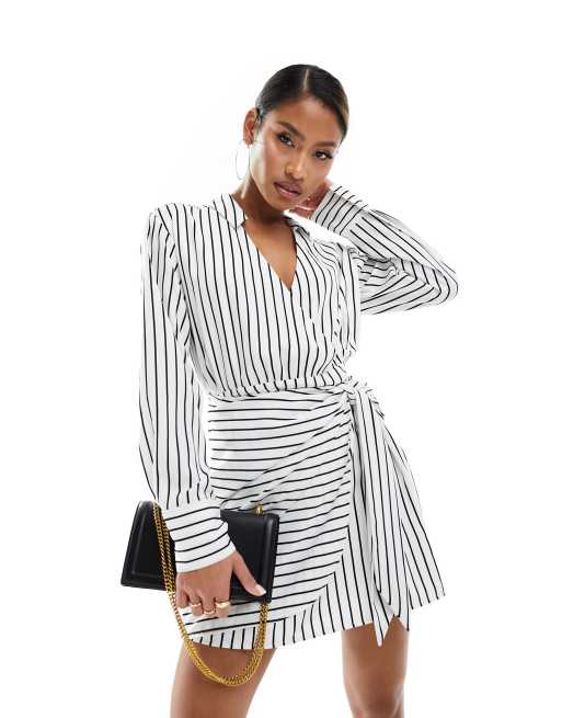 Abercrombie Fitch long sleeve draped striped shirt dress in white ASOS