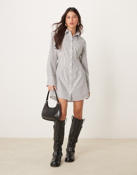 Abercrombie & Fitch long sleeve fitted mini shirt dress in black stripe - view 1