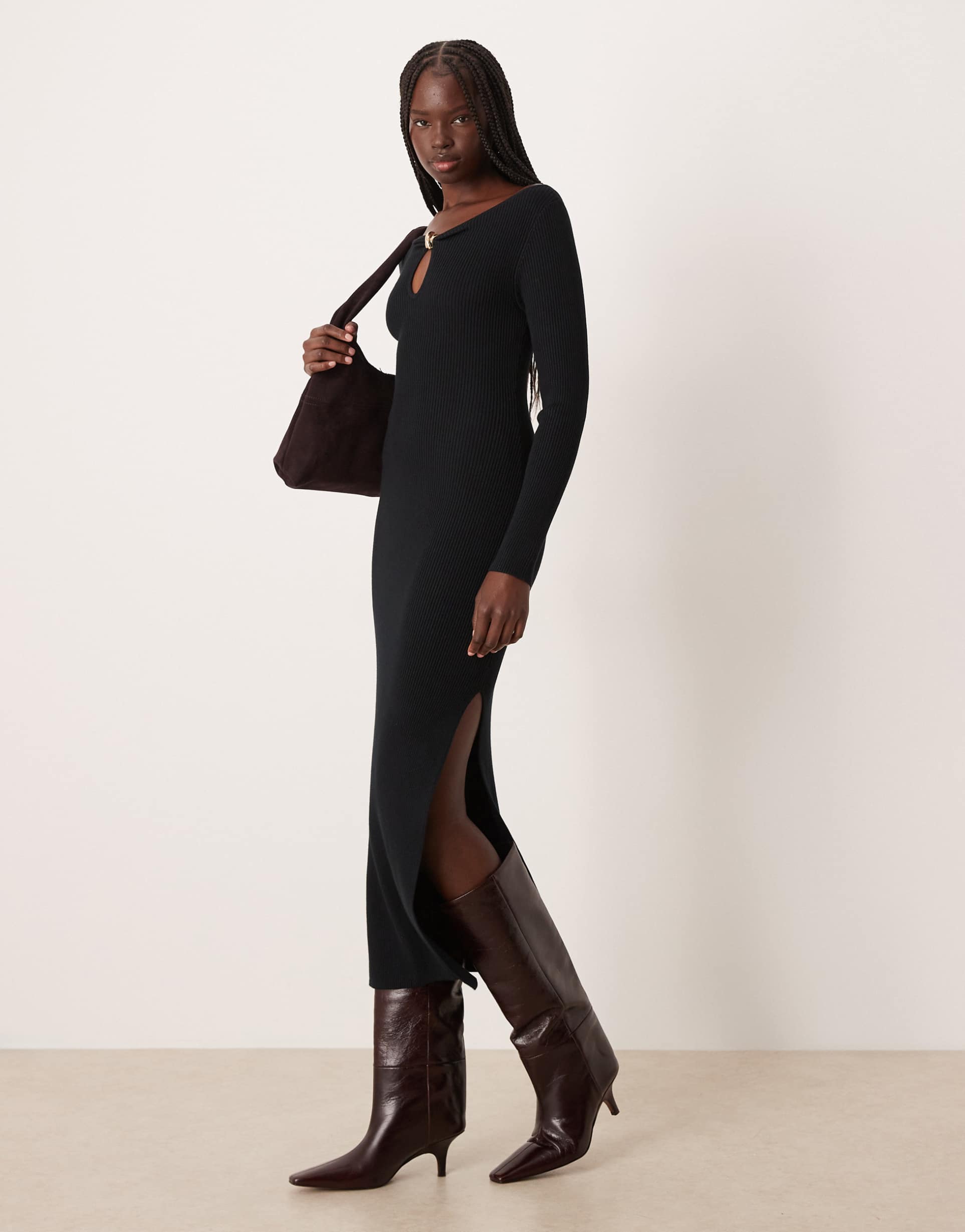 abercrombie & fitch long sleeve hardware sweater maxi dress in black