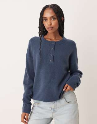 Abercrombie & Fitch Long Sleeve Henley Sweater In Blue