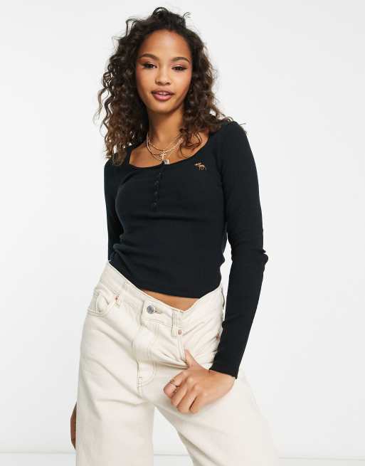 Abercrombie & Fitch cropped henley long sleeve top in black