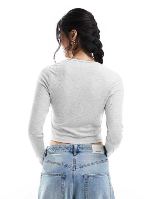Abercrombie & Fitch long sleeve icon logo henley button up top in grey, 3 of 4