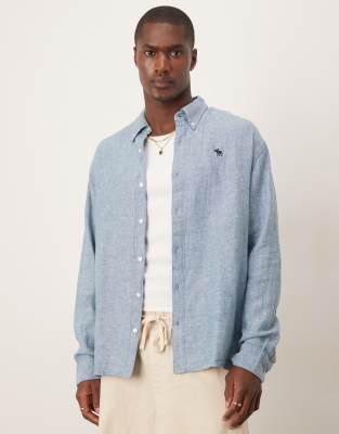 long sleeve icon logo linen mix shirt in blue-White