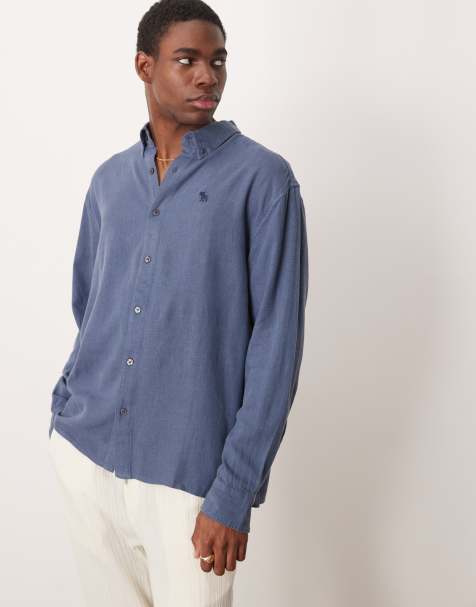 Abercrombie & Fitch long sleeve icon logo linen mix shirt in blue - view 1