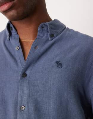 Abercrombie & Fitch Long Sleeve Icon Logo Linen Mix Shirt In Blue