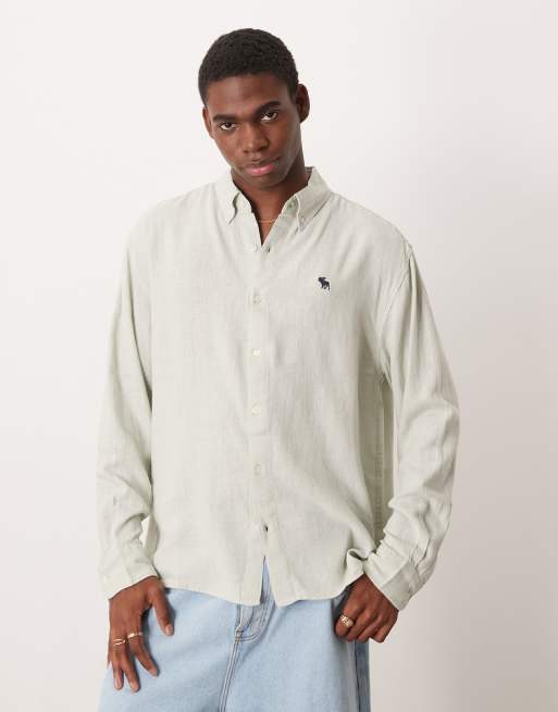 Abercrombie & Fitch Long Sleeve Icon Logo Linen Mix Shirt