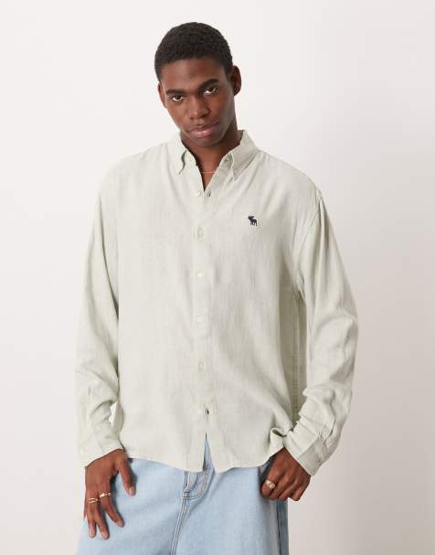 Abercrombie & Fitch long sleeve icon logo linen mix shirt in gray - view 1