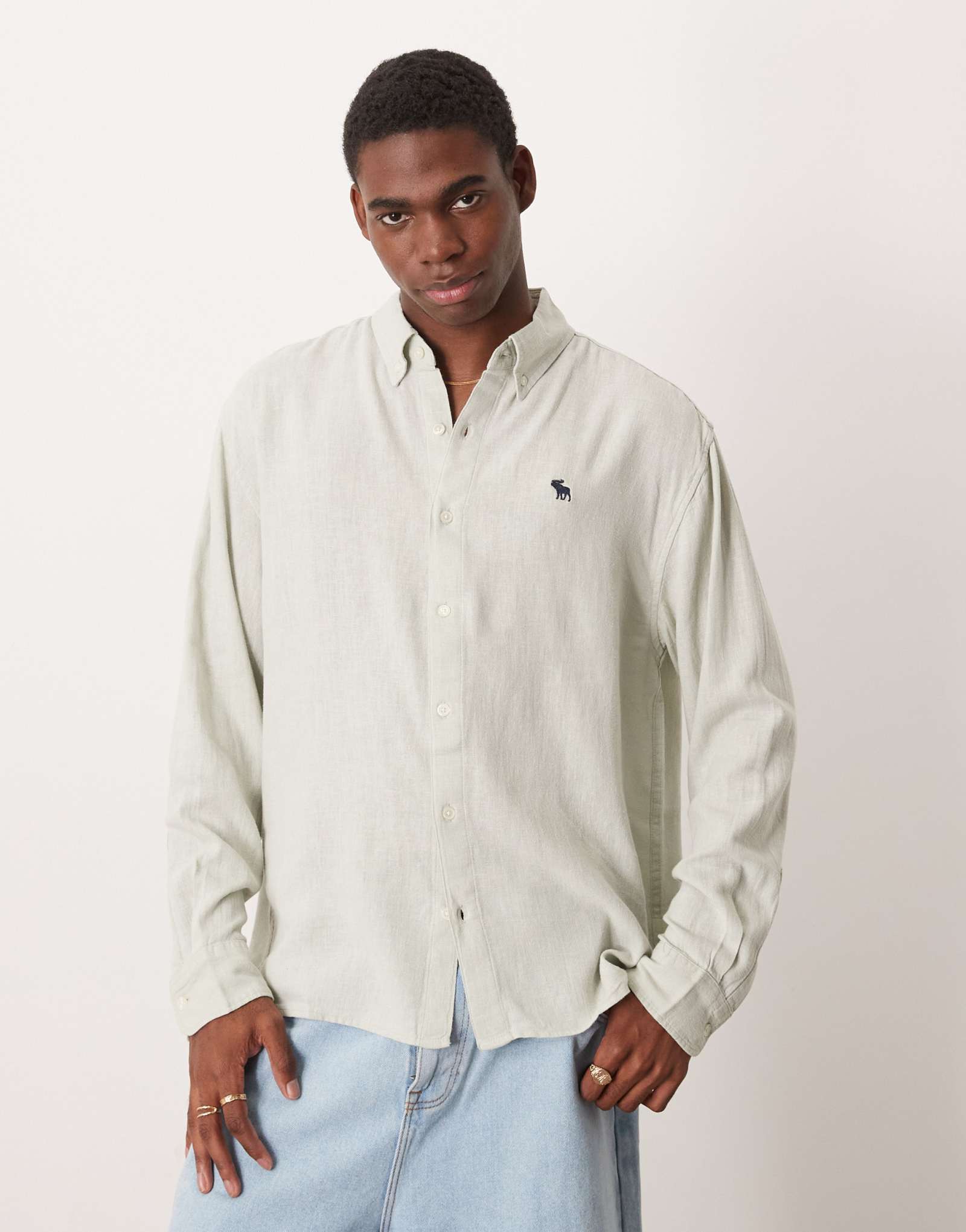Рубашка из льняной смеси Abercrombie & Fitch с длинным рукавом и логотипом icon серого цвета