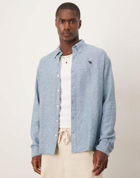 Abercrombie & Fitch long sleeve icon logo linen shirt in cream - view 1