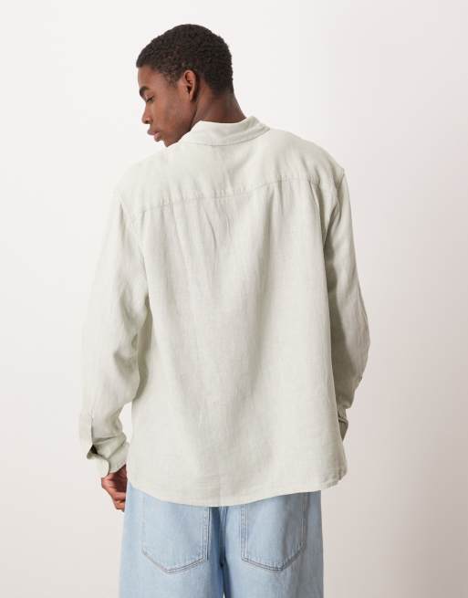 Abercrombie & Fitch long sleeve icon logo linen shirt in grey, 4 of 4