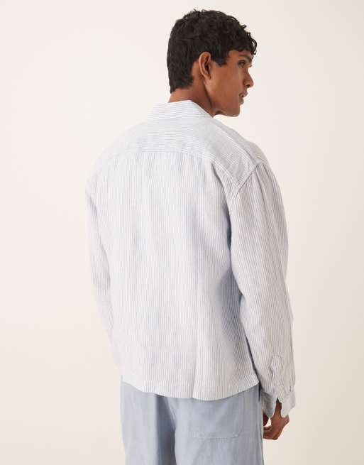 Abercrombie & Fitch long sleeve linen shirt in blue stripe, 3 of 4