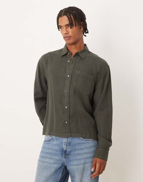Abercrombie & Fitch long sleeve linen shirt in dark green - view 1