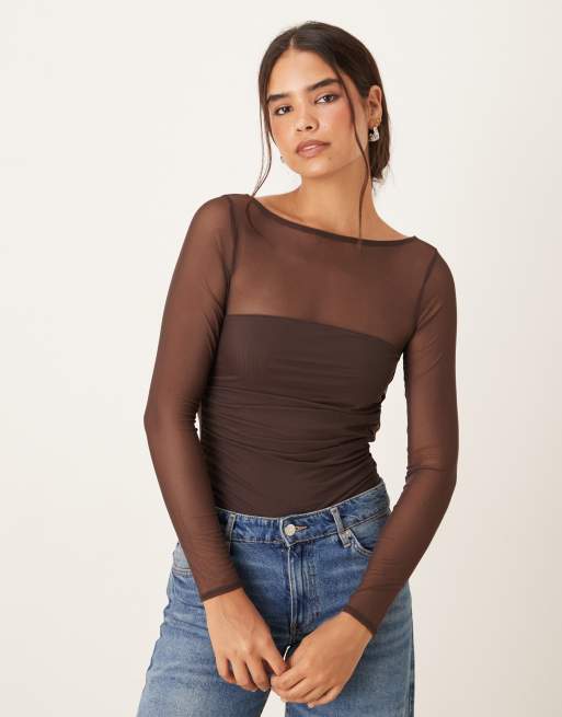 Abercrombie & Fitch long sleeve mesh bra free bodysuit in brown, 2 of 4