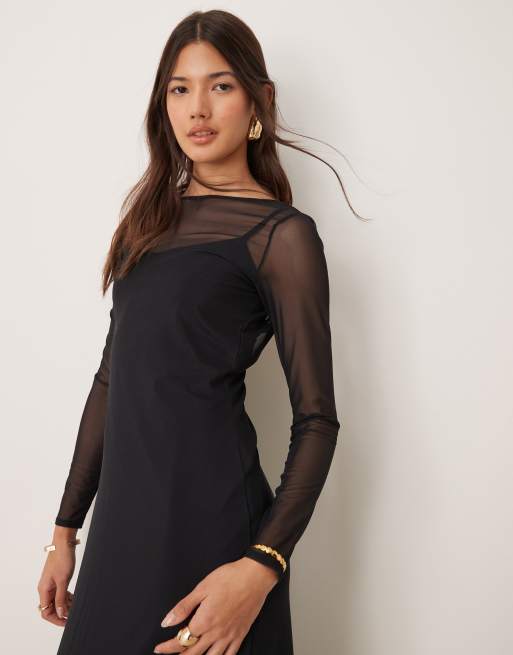 Abercrombie & Fitch long sleeve mesh maxi dress in black with side slit
