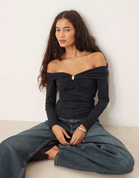 Abercrombie & Fitch long sleeve off the shoulder hardware top in black - view 1