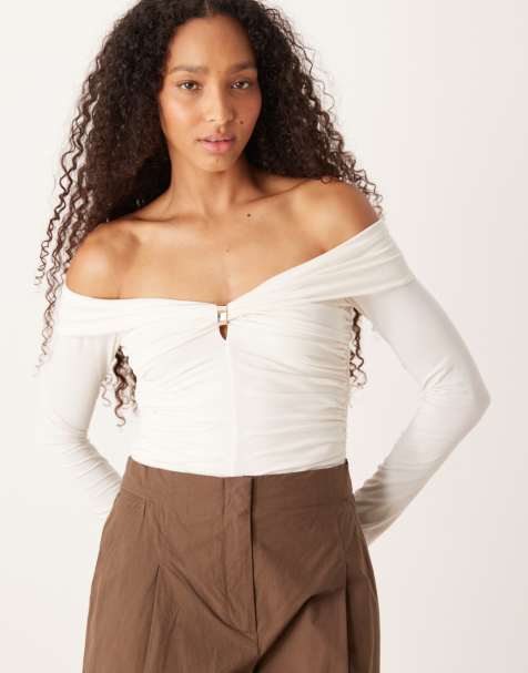 Abercrombie & Fitch long sleeve off the shoulder hardware top in cream - view 1