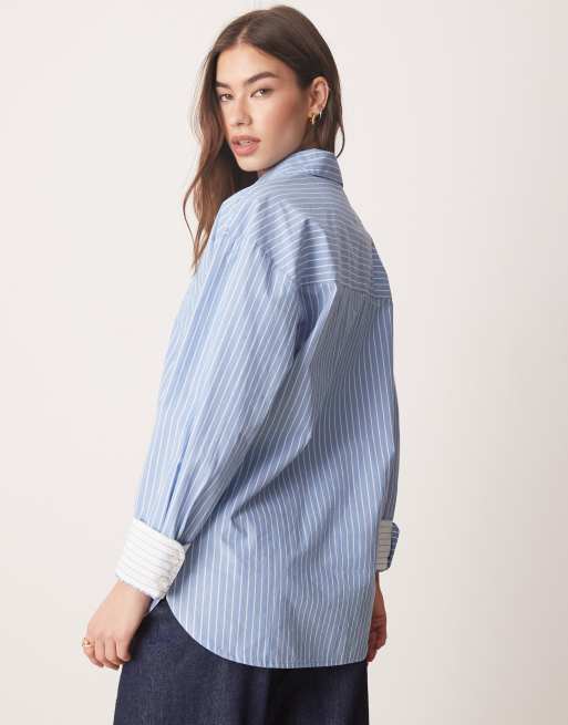 Abercrombie & Fitch long sleeve oversized poplin shirt in blue and white stripe, 4 of 4
