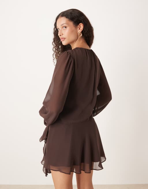 Abercrombie & Fitch long sleeve plunge neck wrap front mini dress in brown  | ASOS
