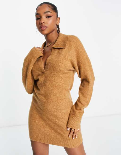 Abercrombie Fitch long sleeve polo neck mini sweater dress in brown