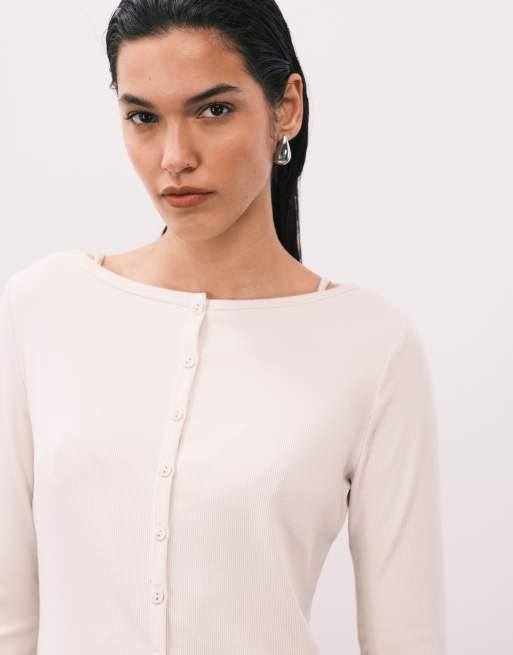 Abercrombie & Fitch long sleeve ribbed button up top in beige, 2 of 4