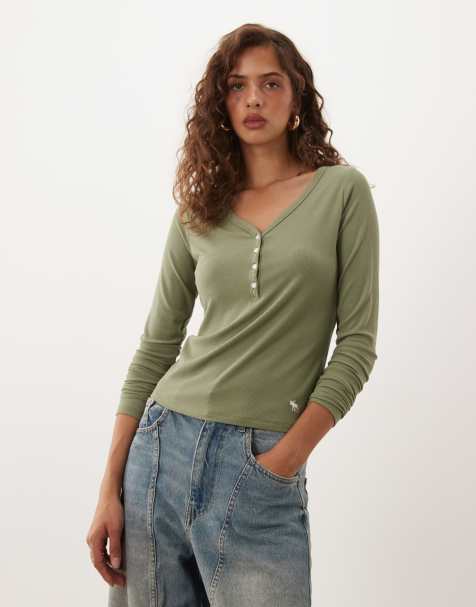 Abercrombie & Fitch long sleeve ribbed henley top in green - view 1