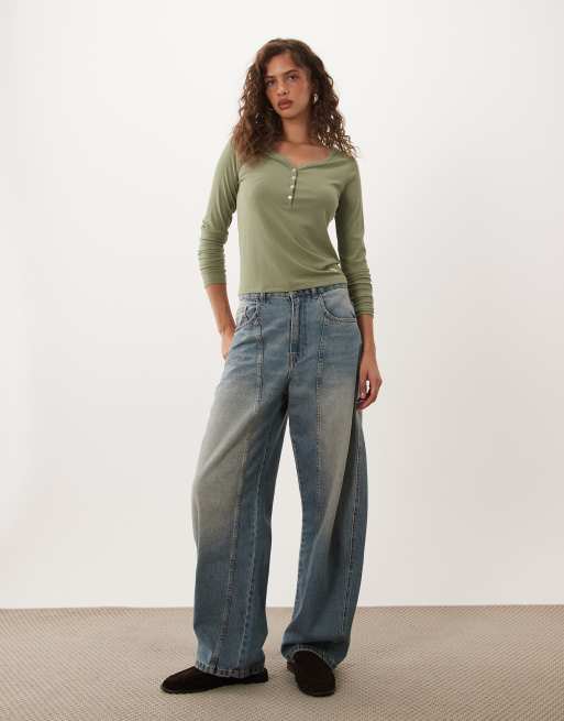 Abercrombie & Fitch long sleeve ribbed henley top in green, 2 of 4