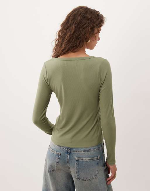Abercrombie & Fitch long sleeve ribbed henley top in green, 4 of 4