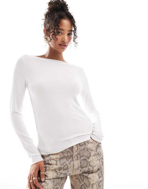 Abercrombie & Fitch long sleeve ribbed top with slash neck in off white - view 1