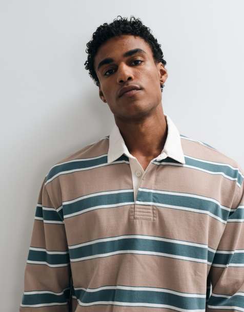 Abercrombie & Fitch long sleeve rugby polo in white and brown stripe