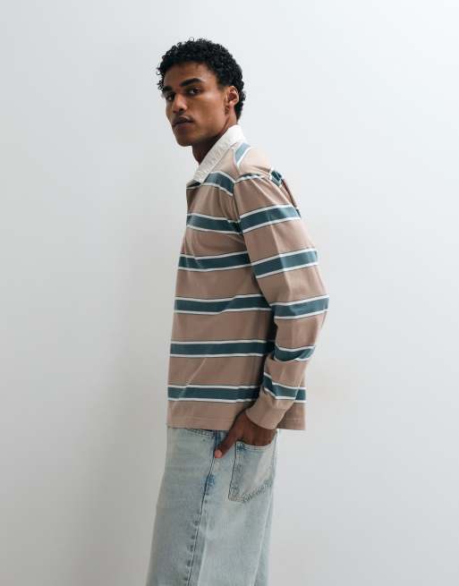 Abercrombie & Fitch long sleeve rugby polo in white and brown stripe, 2 of 5