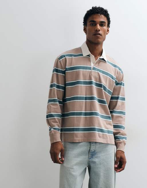 Abercrombie & Fitch long sleeve rugby polo in white and brown stripe, 3 of 5