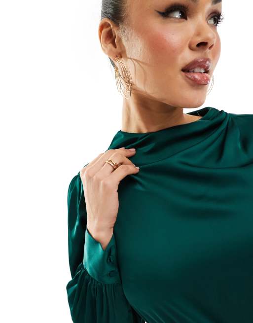 Abercrombie & Fitch long sleeve satin draped dress in green