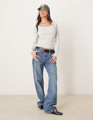 Abercrombie & Fitch Slash Neck Long Sleeve Button Detail Top In Gray