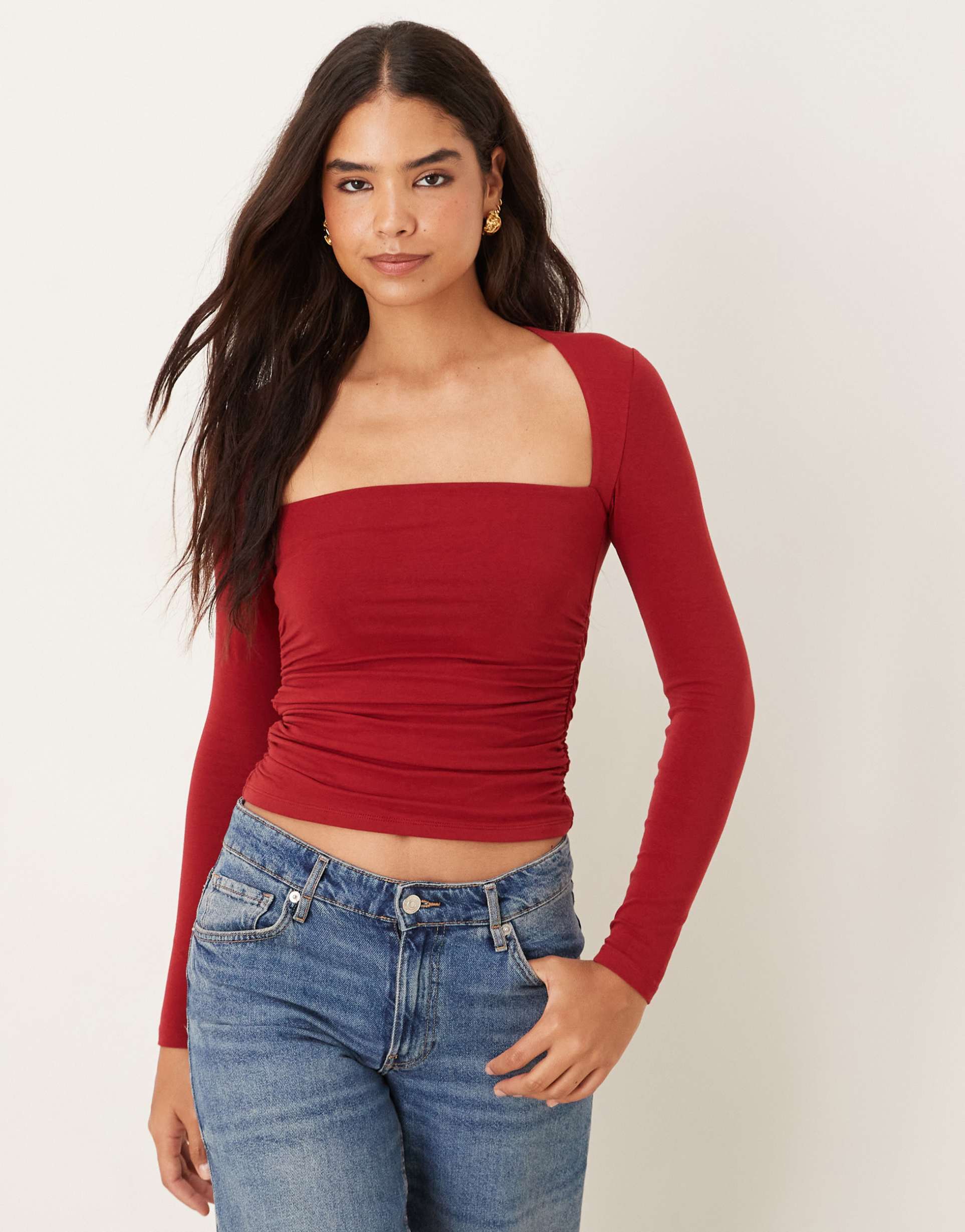 abercrombie & fitch long sleeve seamless ava top in burgundy